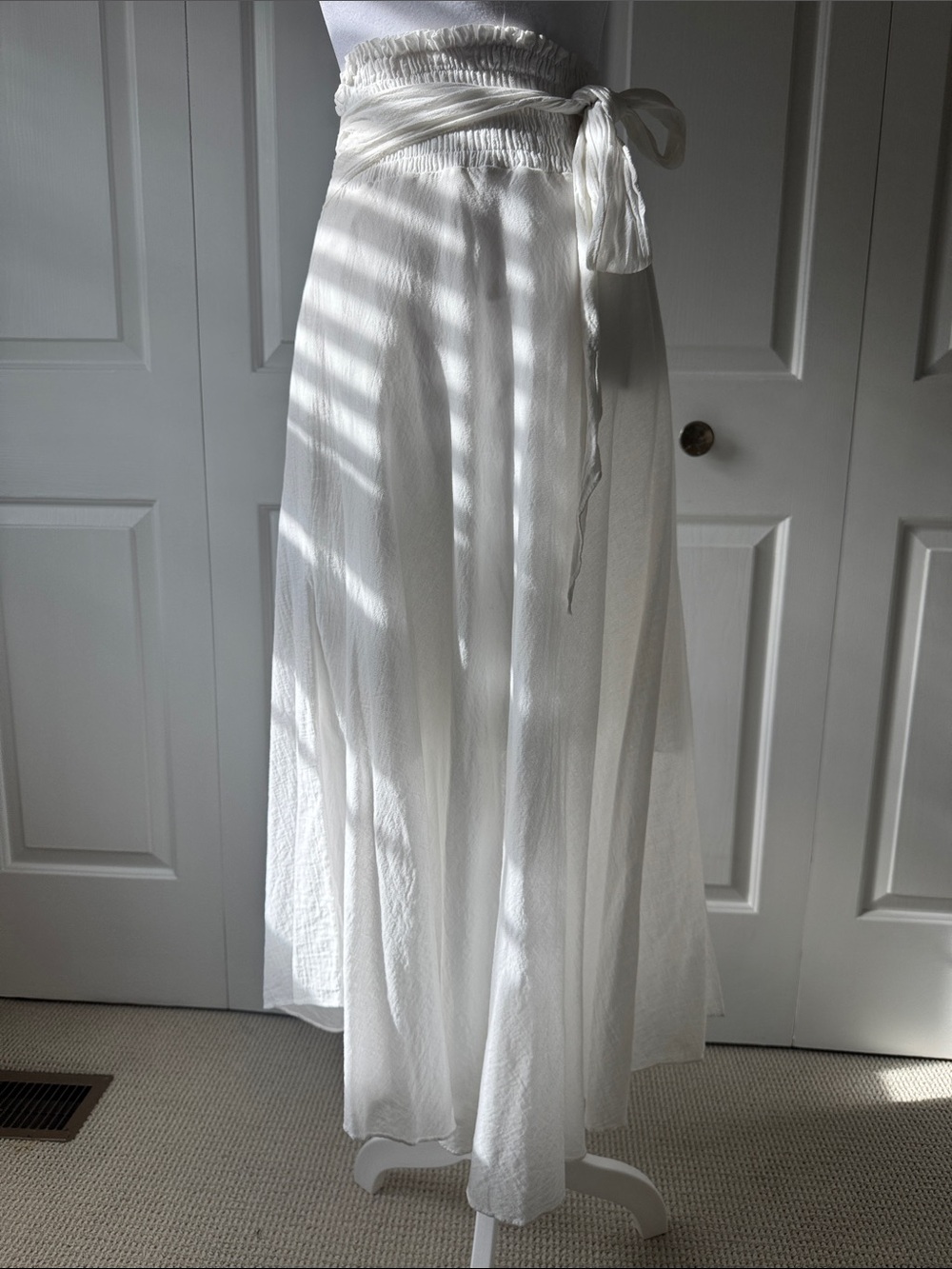 Flowing White Maxi Wrap Skirt with Smocked Waist